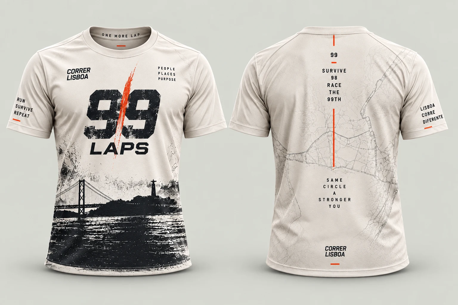 Frente e costas da camisola conceptual 99 LAPS, em branco sujo, com o número 99, traço vermelho e grafismos de Lisboa